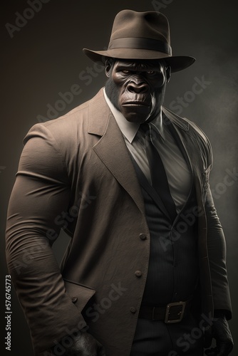 Gorilla in a gangster style wearing a business suit with a tie and a hat. Generative AI