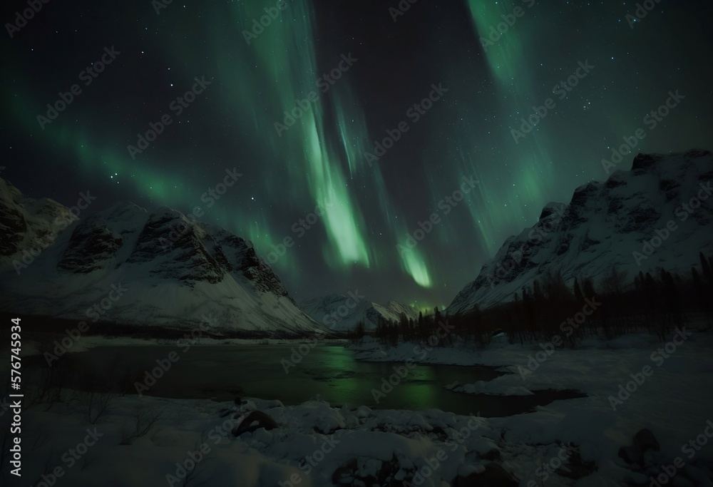 Aurora Borealis Northern Lights in Winter Arctic Landscape - Generative AI 019