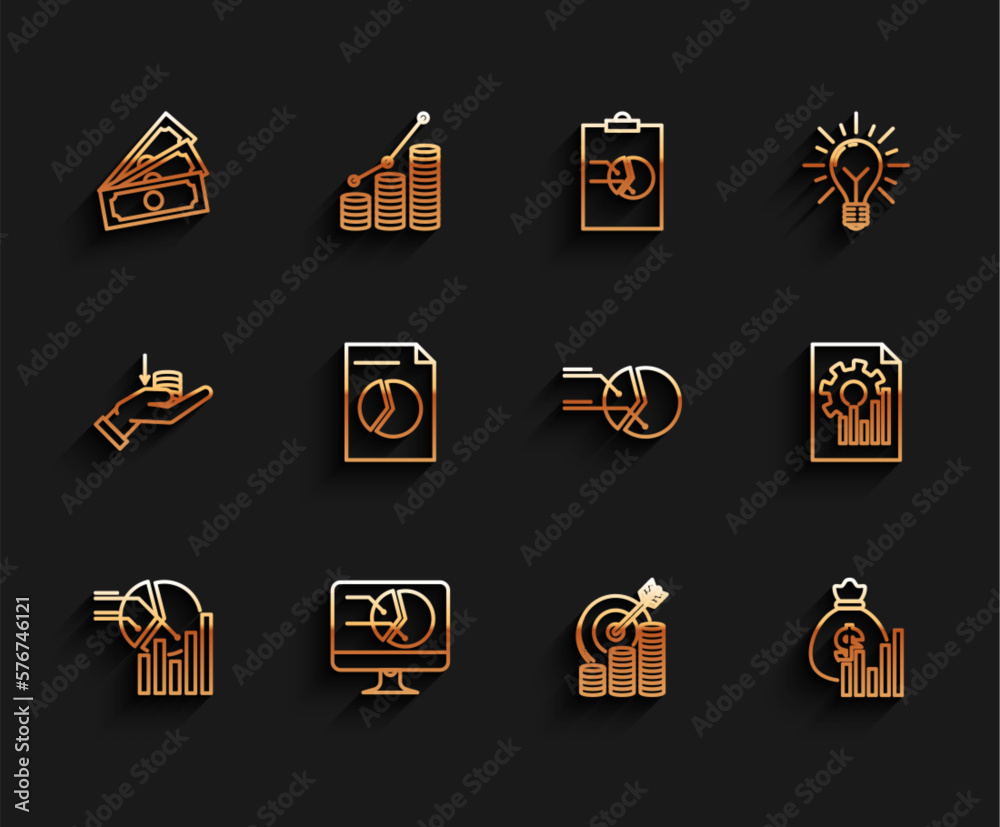 Set line Pie chart infographic, Computer monitor with, Stacks paper money cash, Target coin symbol, Money bag and diagram, Document, and icon. Vector Set line Pie chart infographic, Computer monitor with, Stacks paper money cash, Target coin symbol, Money bag and diagram, Document, and icon. Vector