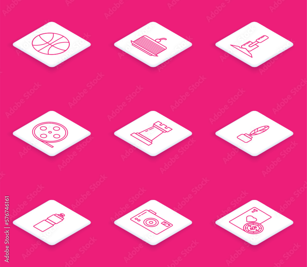 Set line Basketball ball, Cake, Shovel in the ground, Film reel, Chess symbol, Feather and inkwell, Fitness shaker and Photo camera icon. Vector Set line Basketball ball, Cake, Shovel in the ground, Film reel, Chess symbol, Feather and inkwell, Fitness shaker and Photo camera icon. Vector