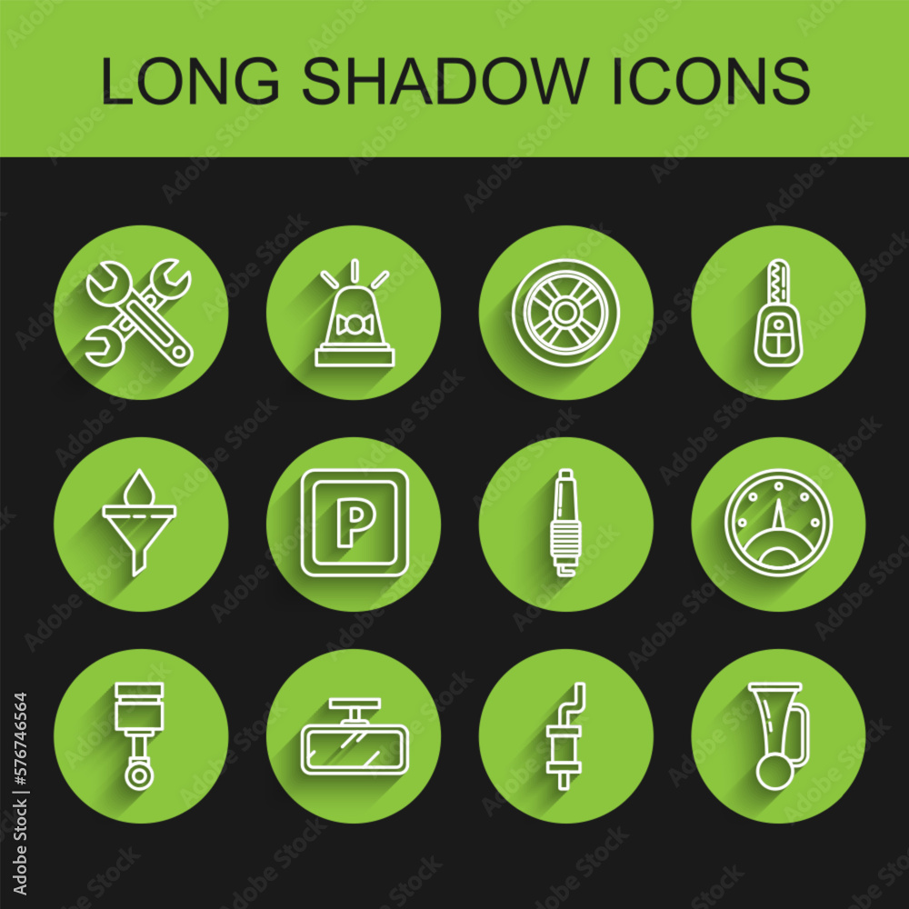 Set line Engine piston, Car mirror, Wrench, muffler, Signal horn vehicle, Parking, Speedometer and spark plug icon. Vector Set line Engine piston, Car mirror, Wrench, muffler, Signal horn vehicle, Parking, Speedometer and spark plug icon. Vector