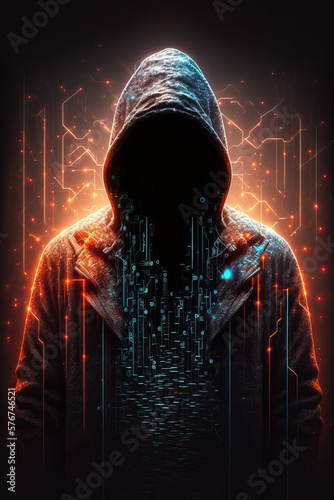Anonymous hacker with hood with programming codes and symbols. Generative AI