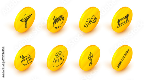 Set line Traditional Japanese katana, ninja shuriken, Maneki neko cat, Rice bowl with chopstick, Sushi cutting board, Asian noodles and chopsticks and umbrella from the sun icon. Vector
