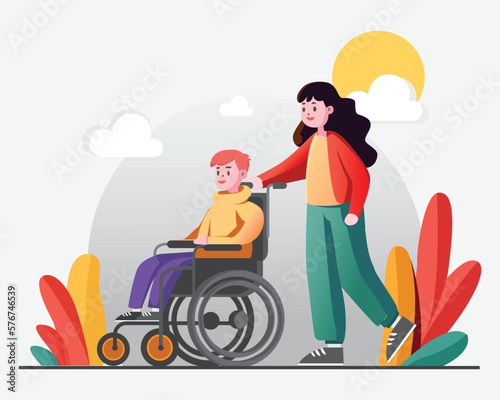 A kid caring for a friend who is temporarily disabled and recovering, Flat design