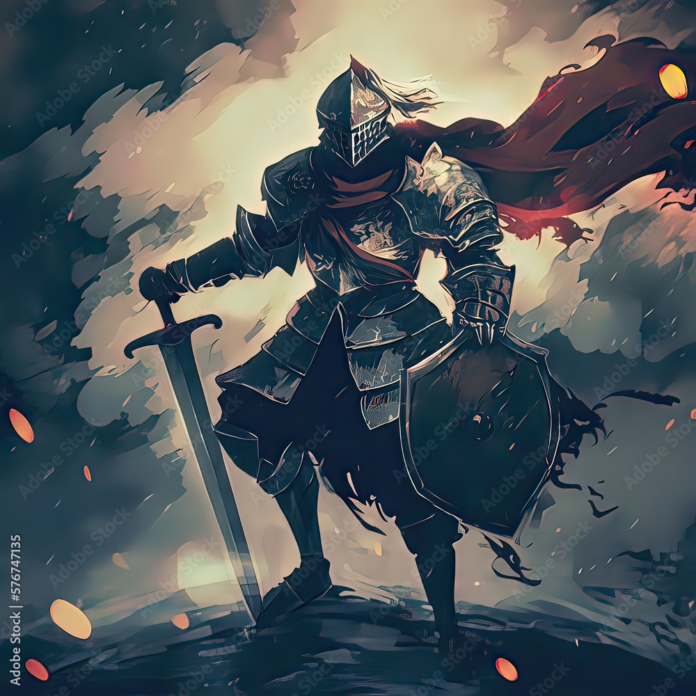 Medieval knight holding a sword and a shield in a hand-drawn style ...