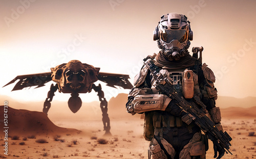 a soldier in fictional combat gear and soldier uniform, weapon and desert paint uniform. Generative AI © wetzkaz