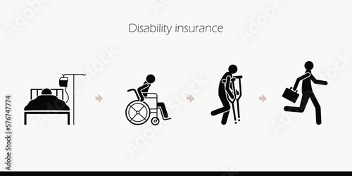 Concept of disability insurance, disability income protection. vector icon of people recovery period from an illness or injury who cannot work