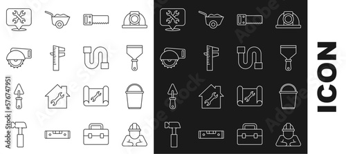 Set line Builder, Bucket, Putty knife, Hand saw, Calliper or caliper scale, Electric circular, Location with wrench and Industry pipe icon. Vector
