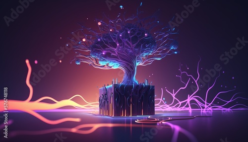 technology tree virtual reality blockchain neon data stream background created with generative ai technology
