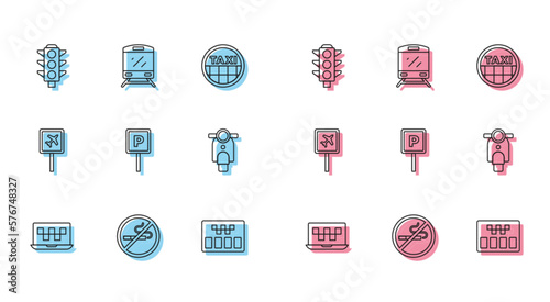 Set line Laptop call taxi service, No Smoking, Traffic light, Taximeter, Parking, Scooter, Airport and Train icon. Vector