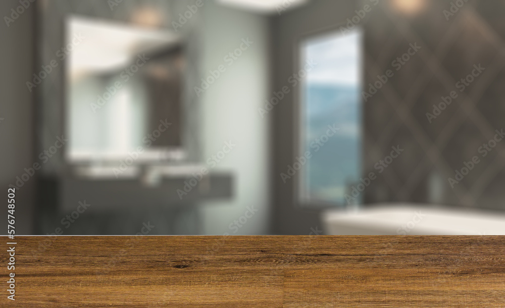 Clean and fresh bathroom with natural light. 3D rendering.. Background with empty wooden table. Flooring. Clean and fresh bathroom with natural light. 3D rendering.. Background with empty wooden table. Flooring.