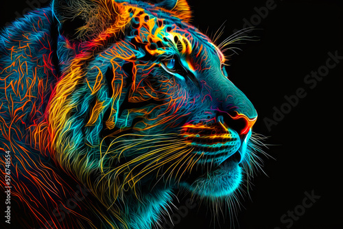 Bright Colorful Neon tiger Animal Portraits.Generative Ai