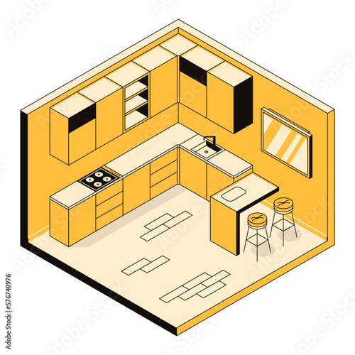 3d concept of a modern kitchen interior, furniture and household appliances for cooking. Room, template for furniture store, design studio, architectural business. Vector linear isometric illustration