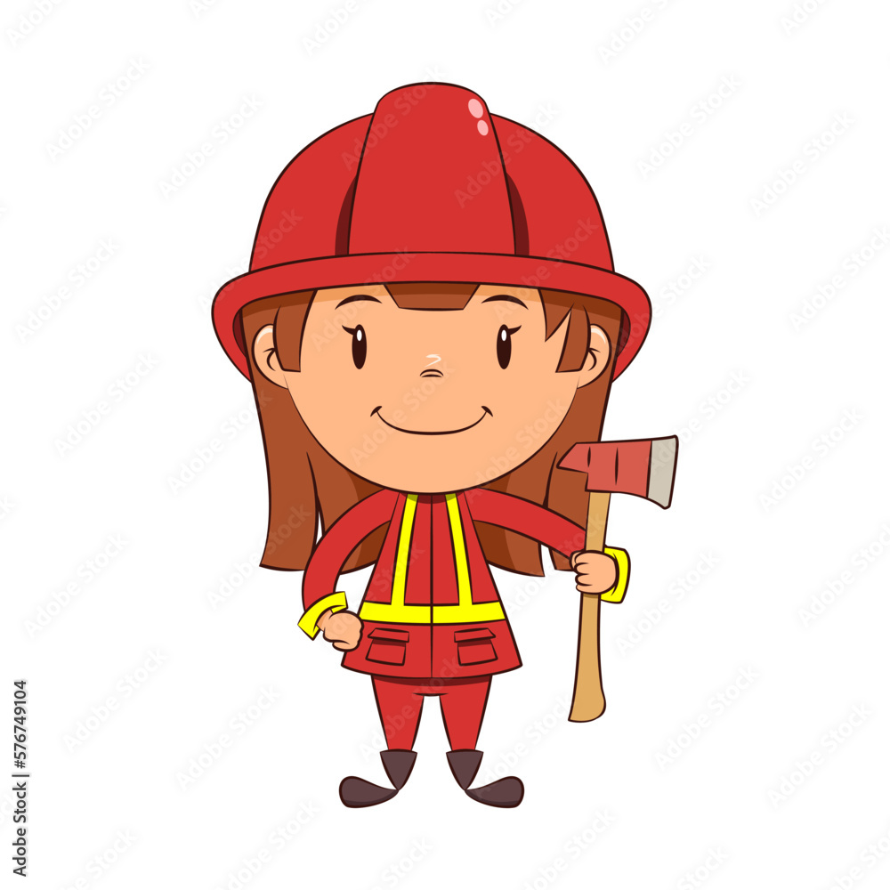 Girl firefighter, holding fire ax