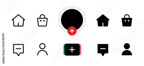 Mockup set collection icons, symbols, signs: home, shop, create, inbox, and profile. Social media Tiktok concept