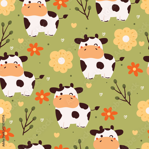 A Seamless Pattern With Cow And Calf Coated In Black And White Patches.  Backdrop With Cute Cartoon Animals On Brown Background. Colorful Vector  Illustration For Textile Print, Wallpaper, Wrapping Paper Royalty Free