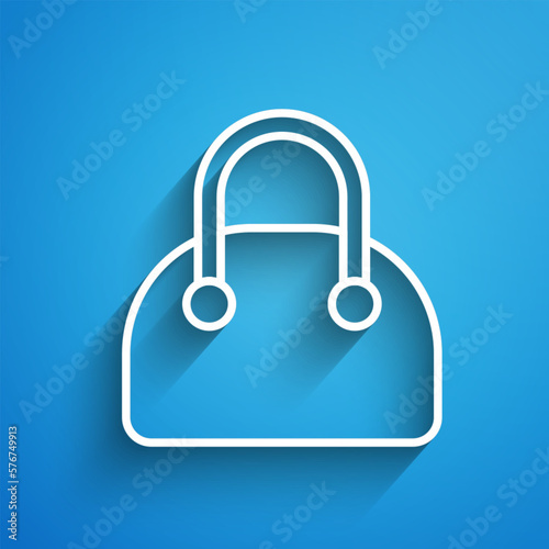 White line Handbag icon isolated on blue background. Female handbag sign. Glamour casual baggage symbol. Long shadow. Vector