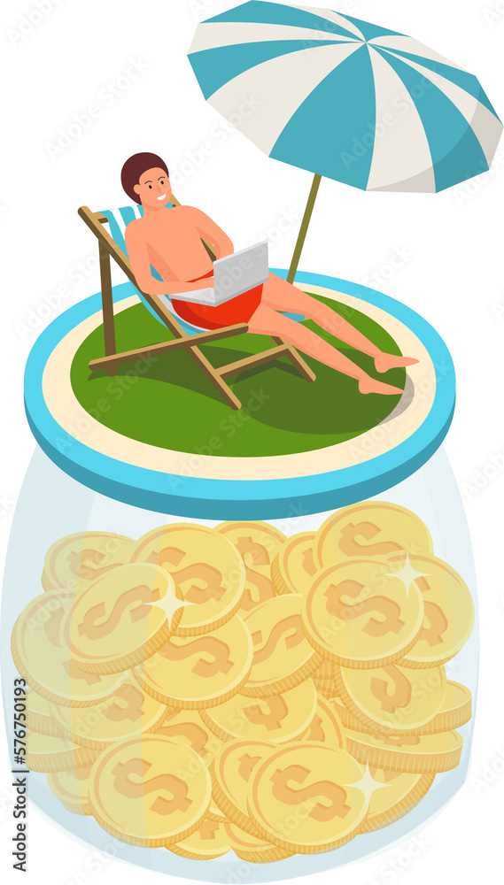 Cartoon object passive income concept piles of golden coin and man in vacation