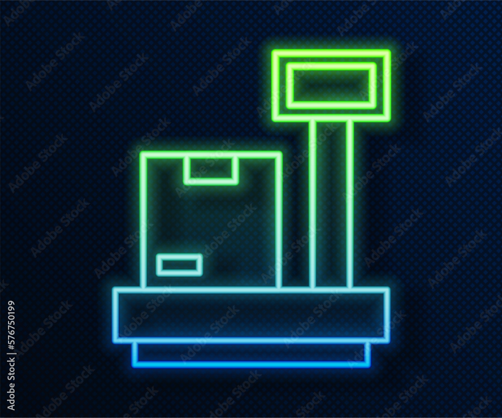 Glowing neon line Scale with cardboard box icon isolated on blue background. Logistic and delivery. Weight of delivery package on a scale. Vector Glowing neon line Scale with cardboard box icon isolated on blue background. Logistic and delivery. Weight of delivery package on a scale. Vector