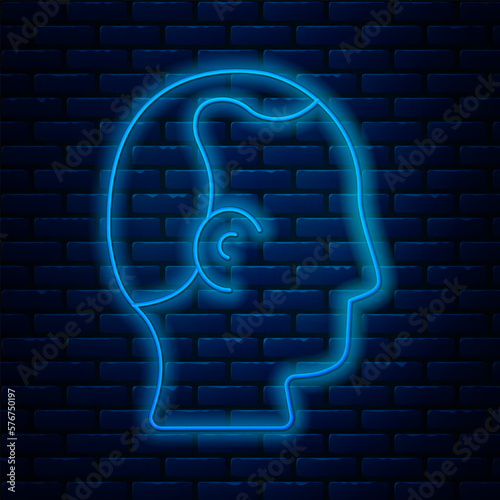 Glowing neon line Baldness icon isolated on brick wall background. Alopecia.  Vector