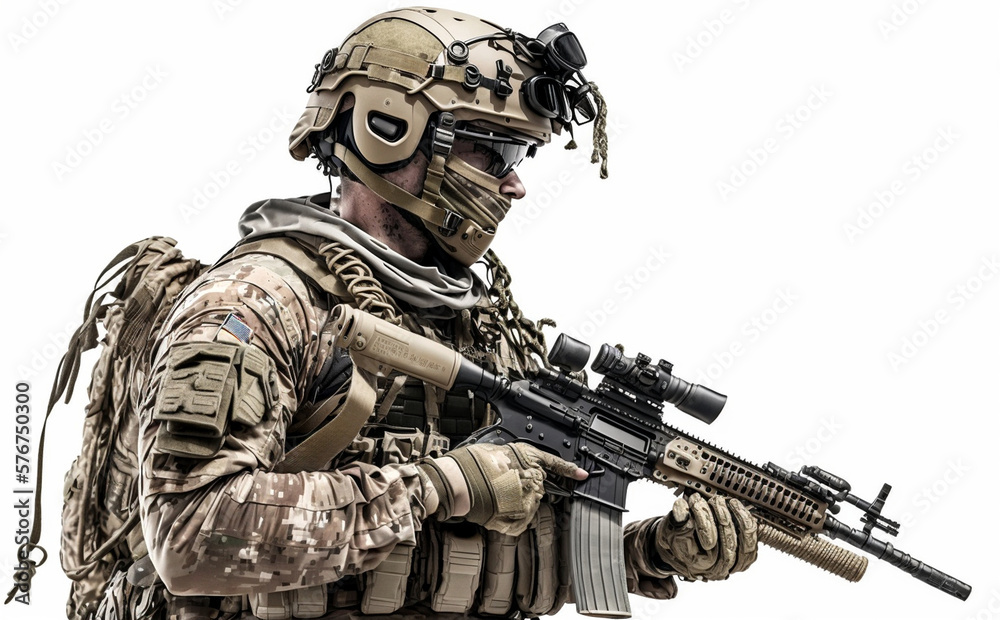 Army soldier in Protective Combat Uniform holding Special Operations Forces Combat Assault Rifle, fictional person and military. Generative AI