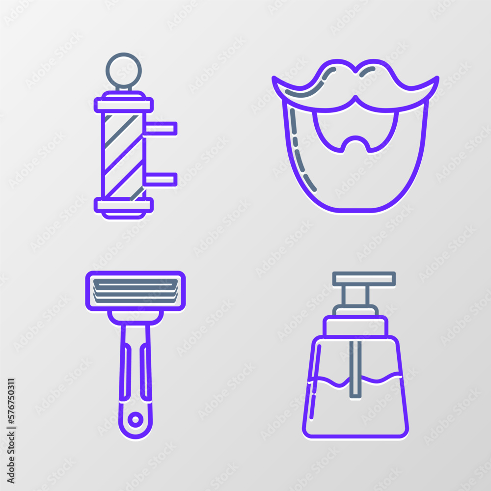 Set line Aftershave, Shaving razor, Mustache and beard and Classic Barber shop pole icon. Vector Set line Aftershave, Shaving razor, Mustache and beard and Classic Barber shop pole icon. Vector