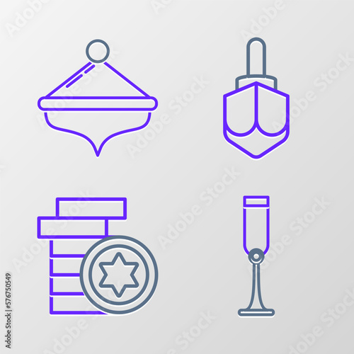Set line Jewish goblet, coin, Hanukkah dreidel and icon. Vector