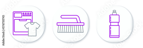 Set line Plastic bottles for liquid dishwashing liquid, Washer and t-shirt and Brush cleaning icon. Vector