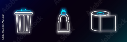 Set line Toilet paper roll, Trash can and Plastic bottles for liquid dishwashing liquid icon. Glowing neon. Vector