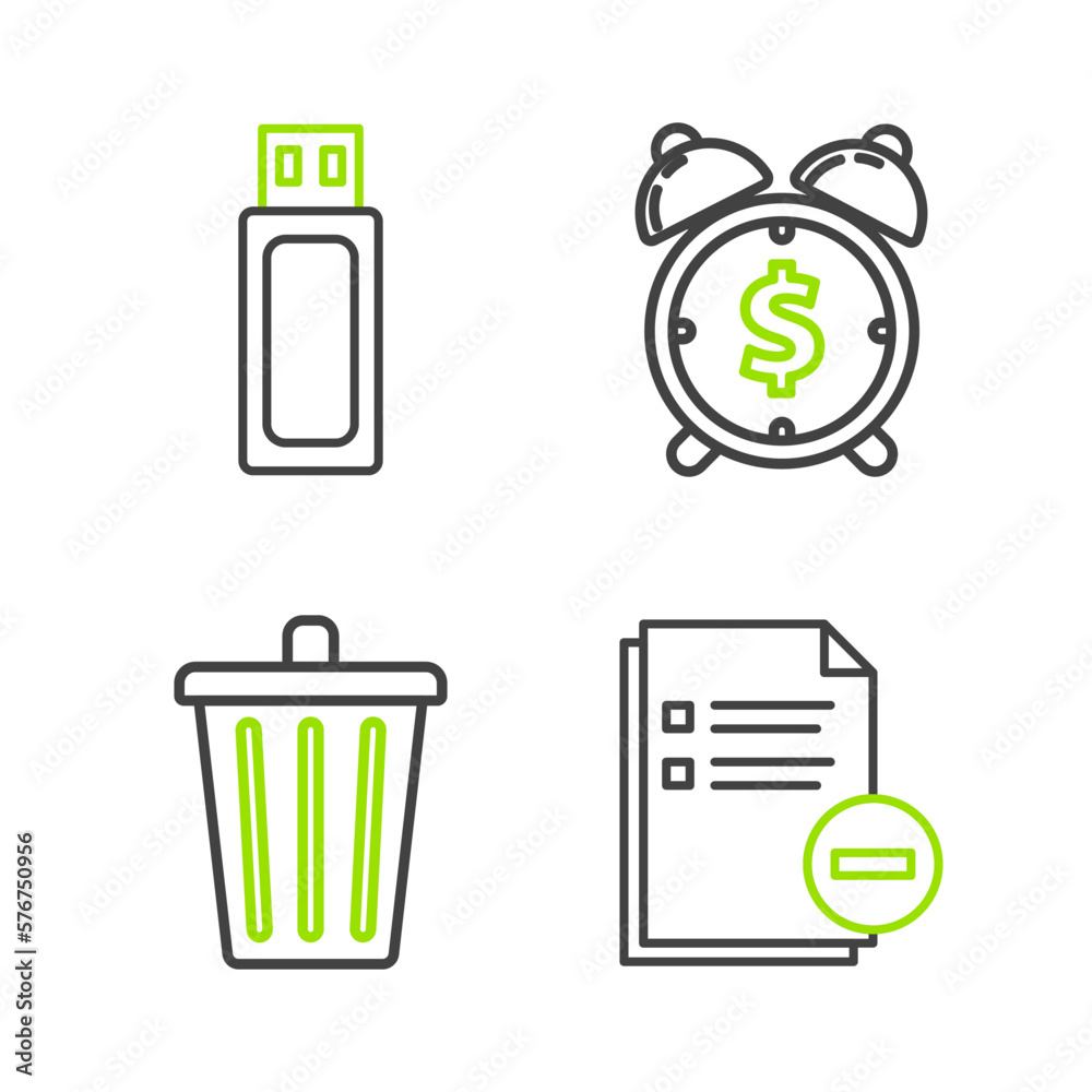 Set line Document with minus, Trash can, Alarm clock dollar symbol and USB flash drive icon. Vector Set line Document with minus, Trash can, Alarm clock dollar symbol and USB flash drive icon. Vector