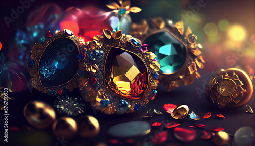 Beautiful background made of colorful fantastic gemstones and luxurious jewelry, treasure concept, generative AI