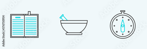Set line Compass, Open science book and Mortar and pestle icon. Vector