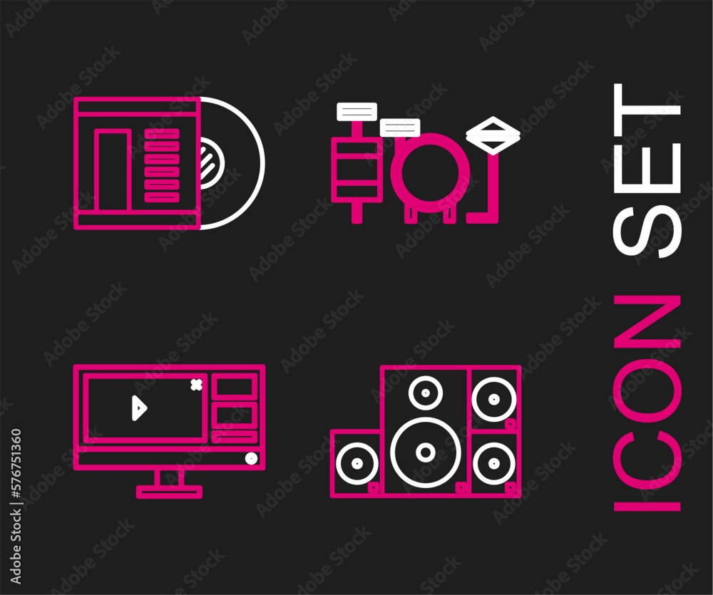 Set line Stereo speaker, Video recorder or editor software on monitor, Drums and Vinyl disk icon. Vector Set line Stereo speaker, Video recorder or editor software on monitor, Drums and Vinyl disk icon. Vector