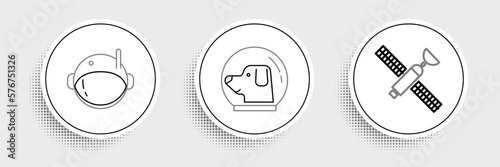 Set line Satellite, Astronaut helmet and Dog in astronaut icon. Vector