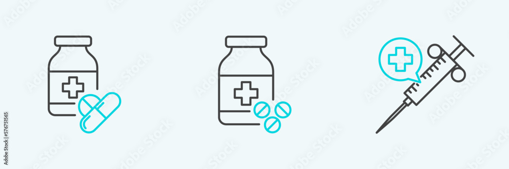 Set line Medical syringe with needle, Medicine bottle and pills and  icon. Vector
