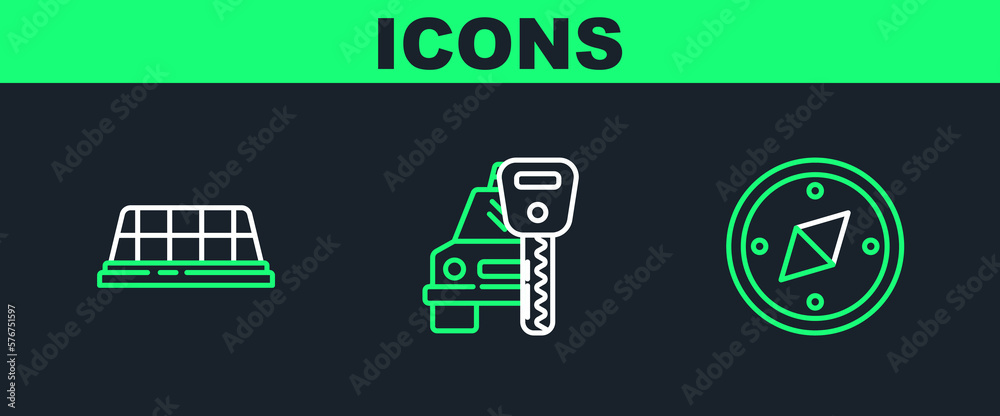 Set line Compass, Taxi car roof and Car rental icon. Vector Set line Compass, Taxi car roof and Car rental icon. Vector