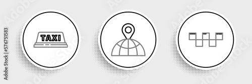 Set line Taxi car roof,  and Location on the globe icon. Vector