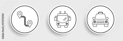 Set line Taxi car, Route location and Trolleybus icon. Vector