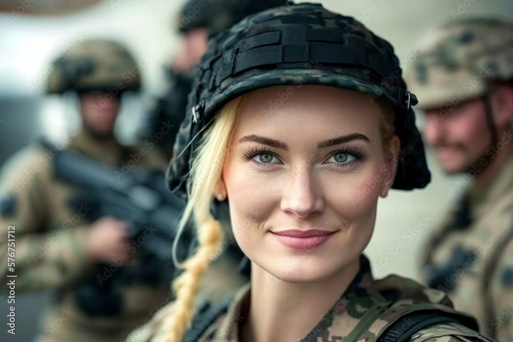 young adult woman is soldier in soldier uniform and helmet, fictional army and person and location. Generative AI