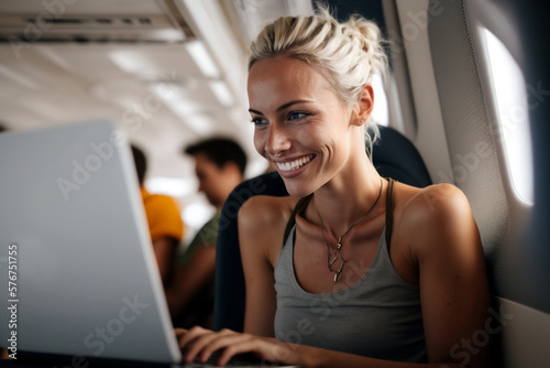 young woman flies on a plane and works on a laptop, at the window. Generative AI