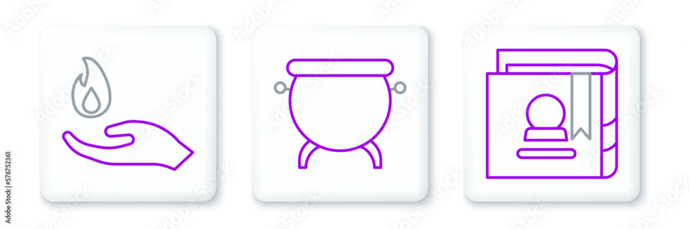 Fototapeta premium Set line Ancient magic book, Hand holding fire and Witch cauldron icon. Vector