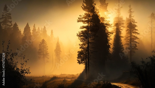Natural background - Dreamlike Environment  Beautiful Foggy Forest at Sunrise -ai generated