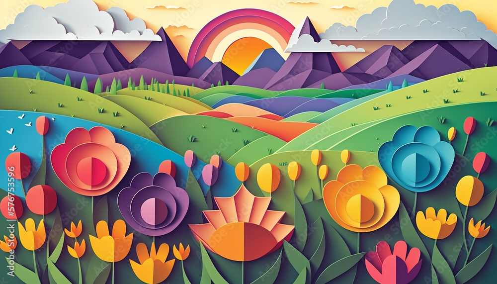 Papercut Style of Colorful Spring Illustration. Illustration of Flower Fields Background. Generative AI