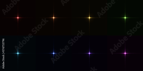 Realistic stars lighting set on dark background. Glow colorful light effects. Bright star illuminated collection. Flare effect with ray sparkles. Vector illustration