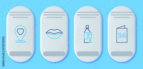 Set line Smiling lips, Champagne bottle, Location with heart and Greeting card icon. Vector