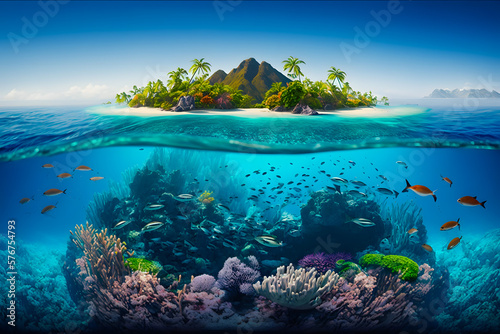 Tropical Island And Coral Reef, split view with waterline. Generative AI