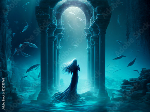 atlantis underwater scene, the magic ocean lady, beautiful young woman with long hair on the ground of the ocean, deep blue sea with mysterious lights, fictional person created with generative ai