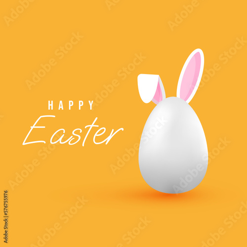 Happy easter greeting card with cute egg bunny design, 3d vector illustration