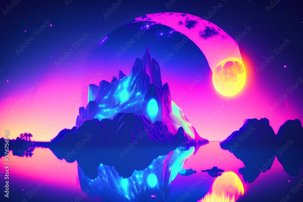 Fototapeta premium Futuristic fantasy night landscape with abstract landscape and island, moonlight, moon, neon. Dark natural scene with light reflection in water. Neon space galaxy portal - generative ai