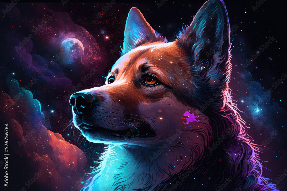 Fototapeta premium Dog on Space Nebula Wallpaper